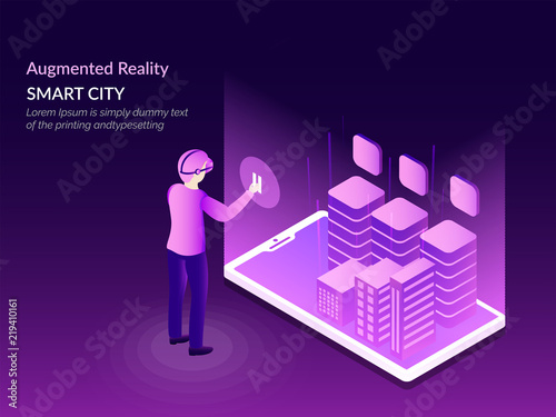 Isometric illustration of smart city architecture on smartphone screen, man interacting virtual modern city view through VR glasses.