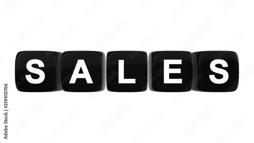 Sales text word on black glossy cubes 3D animation on white background Sales text word on black glossy cubes 3D animation on white background