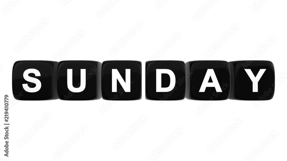 Sunday text word on black glossy cubes 3D animation on white background Sunday text word on black glossy cubes 3D animation on white background