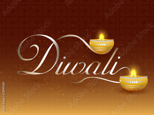 Stylish typography of text Diwali with illuminated oil lamps on shiny brown background for Indian Festival celebration concept.