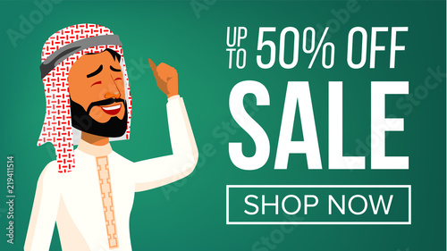 Arab Man Banner Vector. Middle Eastern People. Young Saudi Arabic. For Presentation, Invitation, Card Design. Illustration