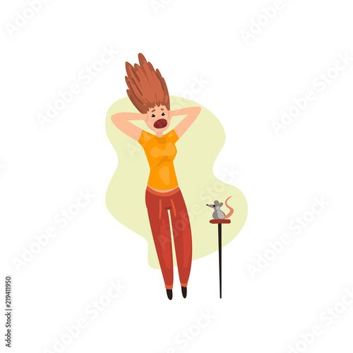 Girl frightened by mouse, woman suffering from musophobia, human fear concept vector Illustration on a white background