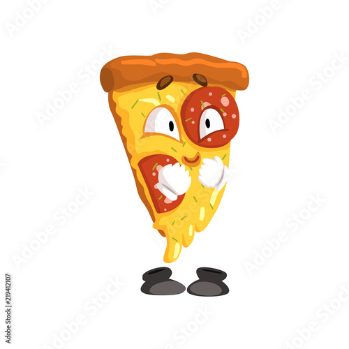 Cute smiling slice of pizza, funny cartoon fast food character vector Illustration on a white background