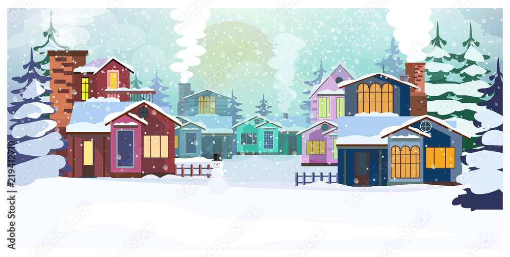 Country scene with cottages and fir-trees vector illustration