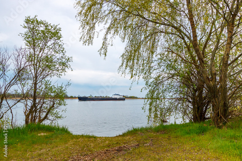 Big dry-cargo ship moving along the river Don, Russia, Rostov-on-Don region