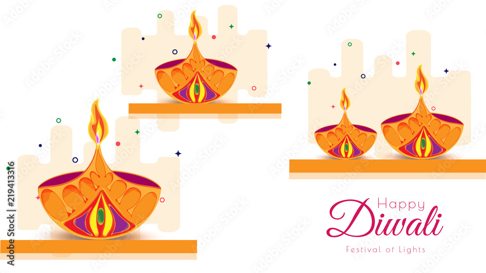 Poster or banner design with paper cut style illuminated oil lamps on white background for Festival Of Light Diwali celebration. Poster or banner design with paper cut style illuminated oil lamps on white background for Festival Of Light Diwali celebration.