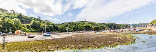 View on the harbor of Fishguard lower town during low tide on he coast of  Pembrokeshire  in Wales  UK