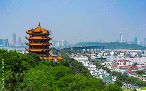 Canvas Print Yellow crane tower and Wuhan Yangtze Great Bridge scenic view in Wuhan China