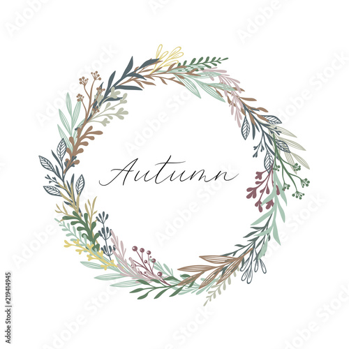Hello Autumn calligraphy text. Autumn greeting card, postcard, poster, banner template with autumn leaves. Vector illustration isolaten on white background.