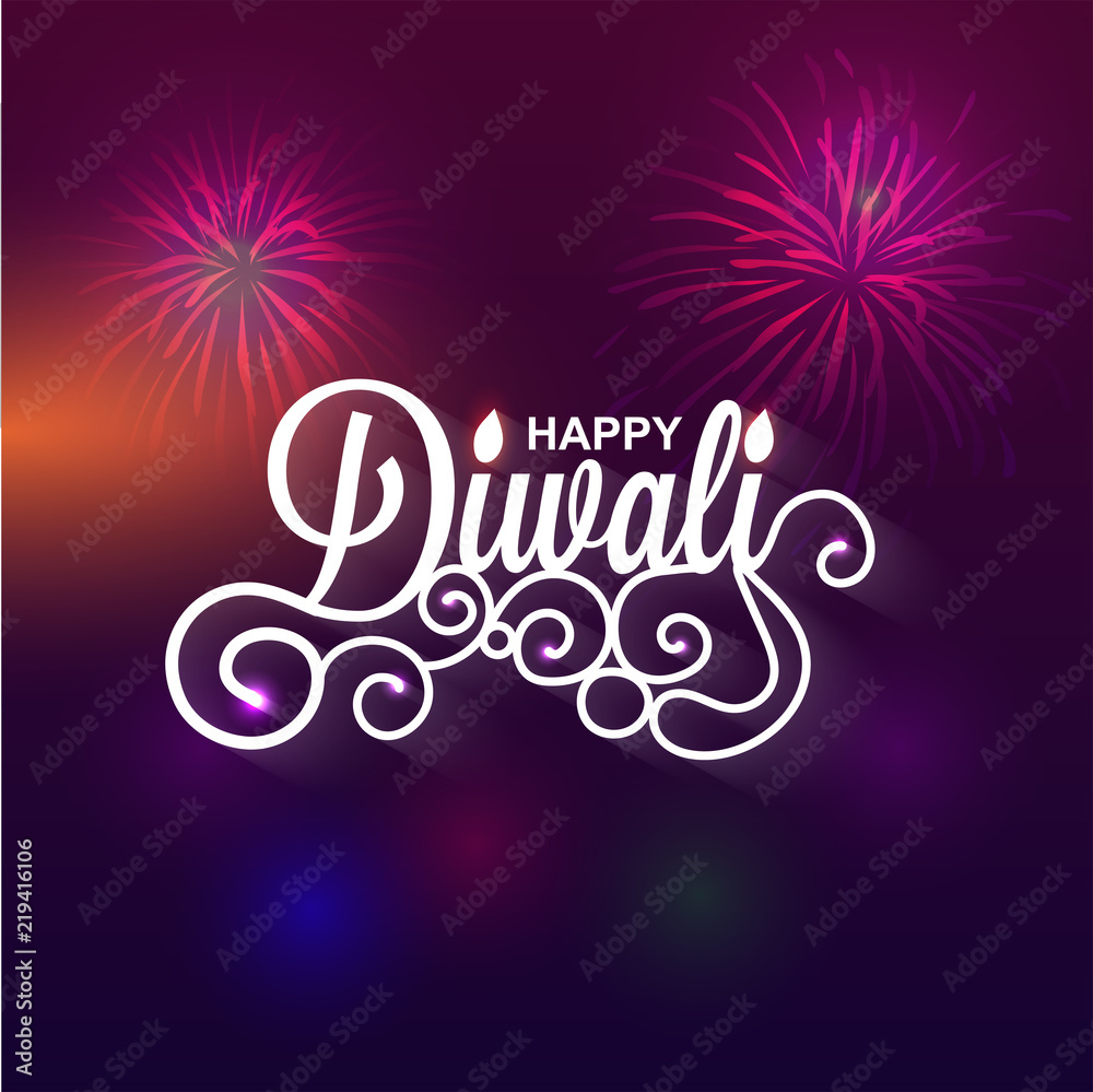 Happy Diwali greeting card design with creative text Diwali on blurred firework background.