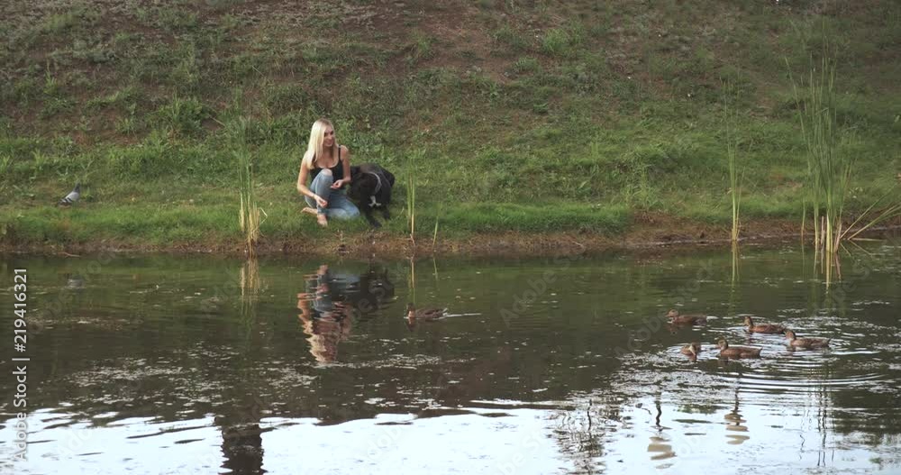 Young woman with her dog sitting on the shore of the lake and feeding floating ducks. Young woman with her dog sitting on the shore of the lake and feeding floating ducks.