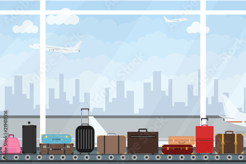 Conveyor belt at the airport with luggage. Tape with bug at the airport terminal. Flat design, vector illustration, vector.