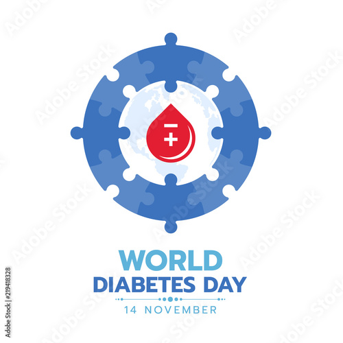 World diabetes day banner with red drop blood in blue circle jigsaw sign vector design