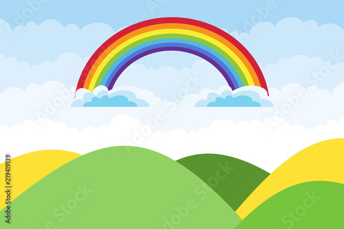 Rustic landscape  forest landscape in with a rainbow and fields. Flat design  vector illustration  vector.