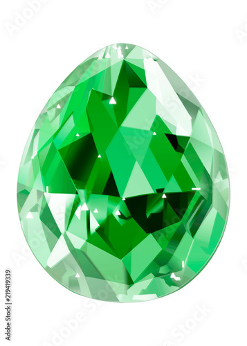 Isolated green gemstone on white background. Precious faceted stone in the form of drops