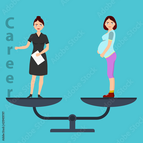 The woman on the scales chooses between career and family. Balance on the scales between career and family. Flat design, vector illustration, vector.
