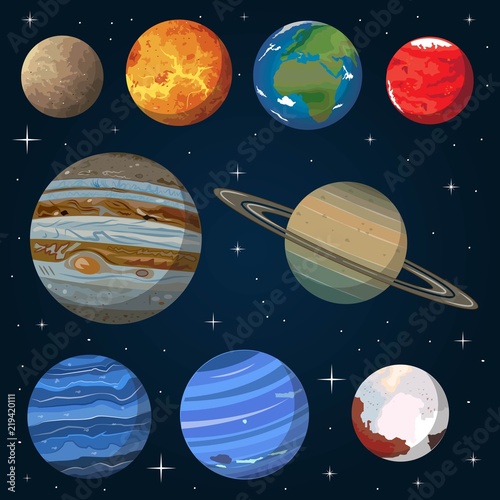 Fototapeta Naklejka Na Ścianę i Meble -  The Solar System[a] is the gravitationally bound system of the planets and the Sun plus other objects that orbit it, either directly or indirectly.[b] Of the objects that orbit the Sun directly, the 