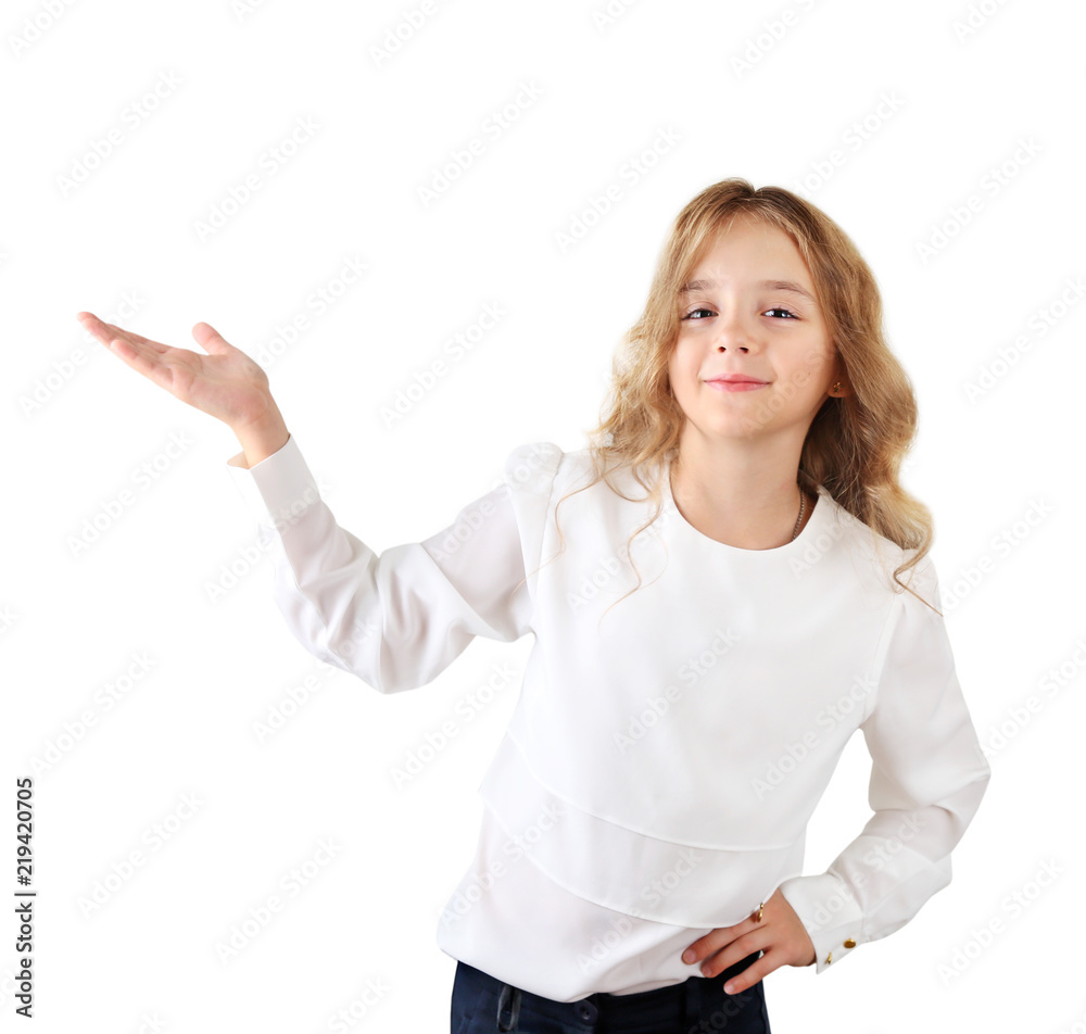 Student child girl showing hands isolated. Student child girl showing hands isolated.