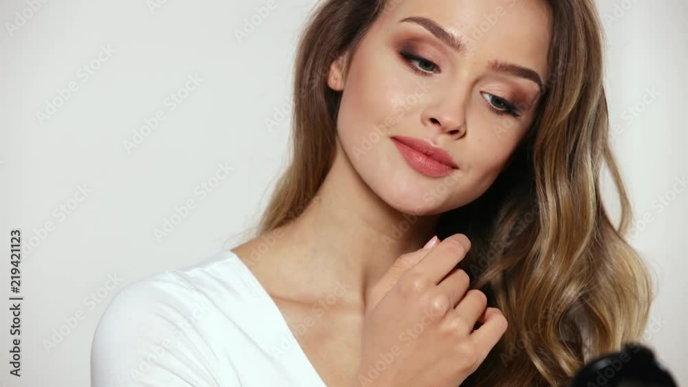Lips Skin Care. Woman With Beauty Makeup Touching Lip Lips Skin Care. Woman With Beauty Makeup Touching Lip