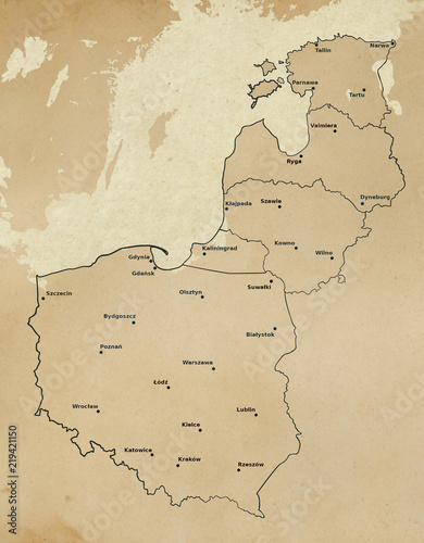 South East Baltic countries - Poland, Kaliningrad, Lithuania, Lietuva, Estonia. Map in old style, brown graphics in a retro / vintage style