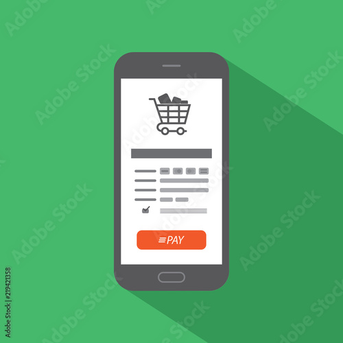 Online payment on mobile. Payment screen on mobile phone. Internet shopping concept flat design.