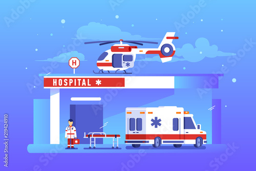 Hospital building with ambulance car and helicopter