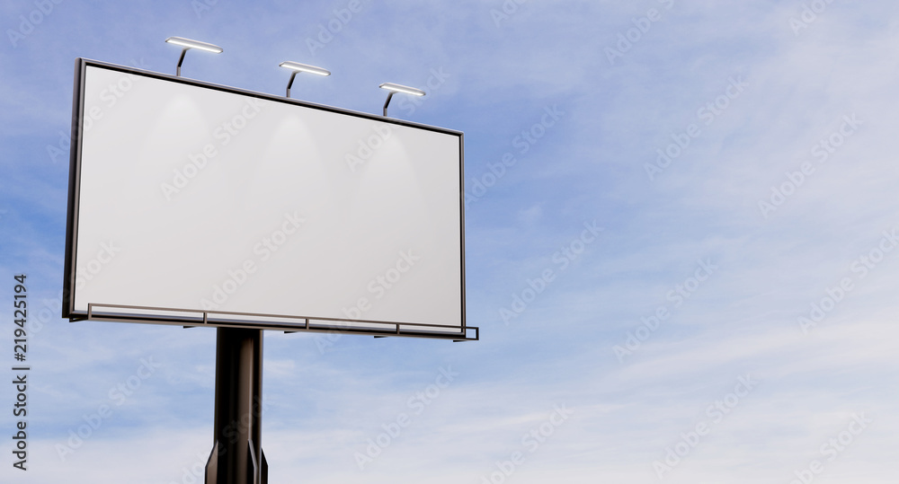 3D rendering of blank billboard (empty advertisement) with clouds. Empty mockup template 3D rendering of blank billboard (empty advertisement) with clouds. Empty mockup template