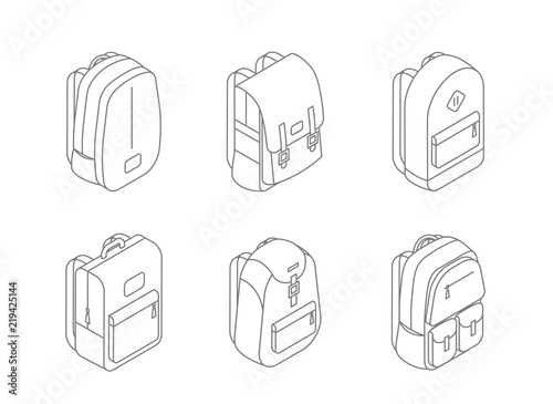 Set of backpacks isometric icons in line design vector illustration isolated on white background. Bags 3D design. Back to school concept stock vector