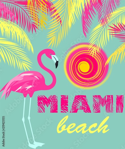 Mint color poster with Miami beach lettering, sun, pink and yellow palm leaves and flamingo. Art deco style