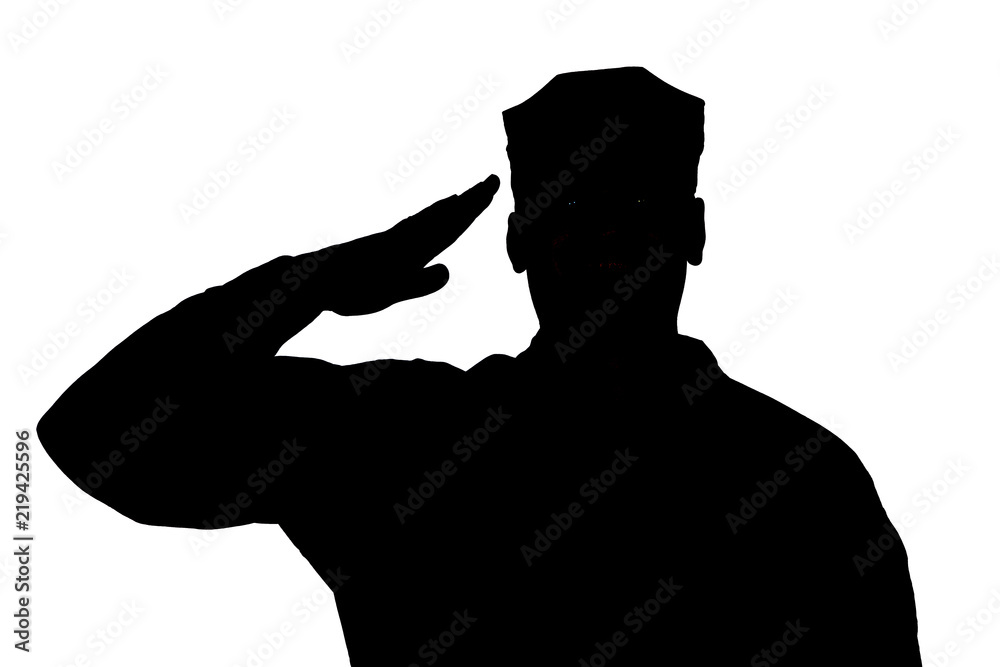 Shoulder silhouette of saluting army soldier in utility cover or cap isolated on white background. Troops hand salute ceremonial greeting, showing respect in army, military funeral honors concept