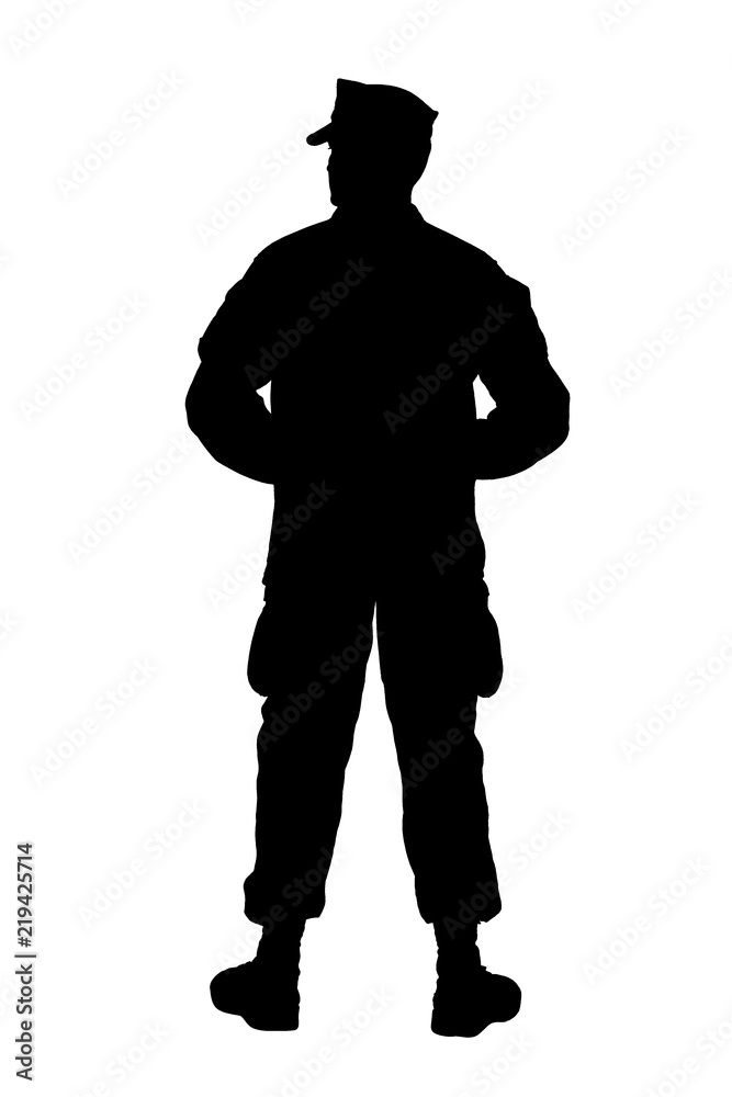 Full length rear view studio shoot or army soldier in camouflage uniform and utility cover, standing in parade rest position with legs on shoulder width and hands behind back silhouette isolated on Full length rear view studio shoot or army soldier in camouflage uniform and utility cover, standing in parade rest position with legs on shoulder width and hands behind back silhouette isolated on