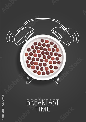 Breakfast time. Realistic milk with chocolate cereal balls and painted alarm clock. Concept. Vector illustration