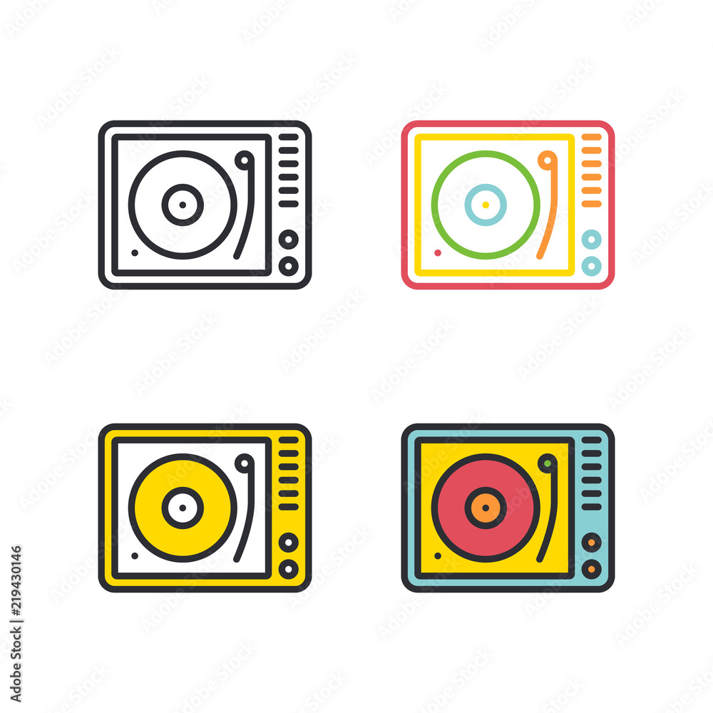 Retro turntable flat simple line icons set.