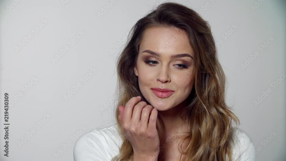 Woman With Beauty Face Makeup Touching Lips Skin Woman With Beauty Face Makeup Touching Lips Skin