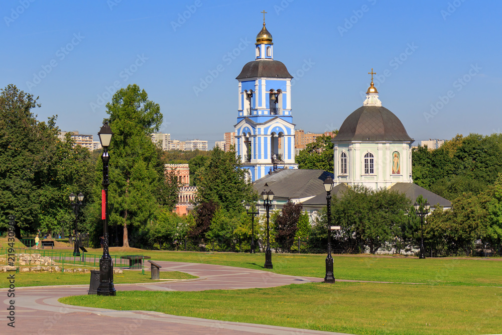 Temple of the icon of Our Lady Life-giving Source in Museum-reserve Tsaritsyno in Moscow on a blue sky background at sunny summer morning