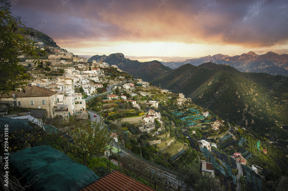 The seaside village of Ravello (Campanian: Raviello) is a town and comune situated above the Amalfi Coast in the province of Salerno, Campania, southern Italy at sunset. a popular tourist destination