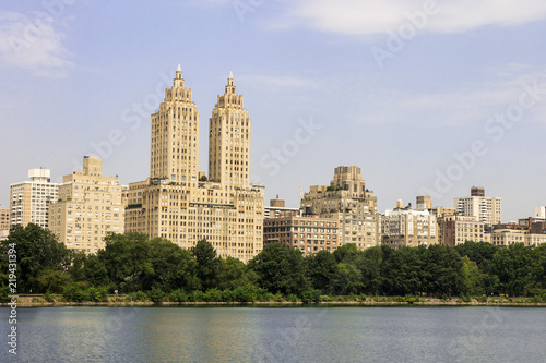 New York City. The Eldorado, also called Central Park Twin Towers, at 300 Central Park West on the Upper West Side of Manhattan, seen across Jacqueline Kennedy Onassis Reservoir