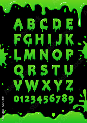 Font of green slime. Blot alphabet. Letters and numbers with green glaze. Vector poster