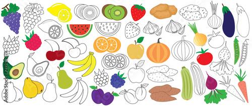 Vegetables, fruits and berries colorful and in black with white colors, icons, big set. Vector illustration.