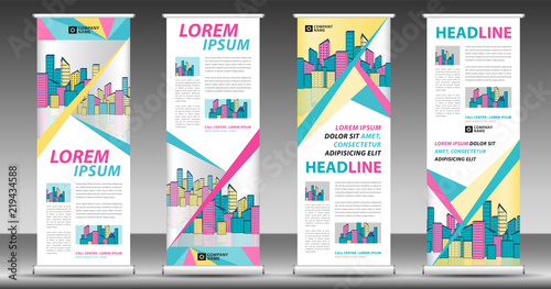 Roll up banner template, stand design, Pull up, display, advertisement, business flyer, poster, presentation, corporate, web banner layout, Pastel modern creative concept, city vector illustration