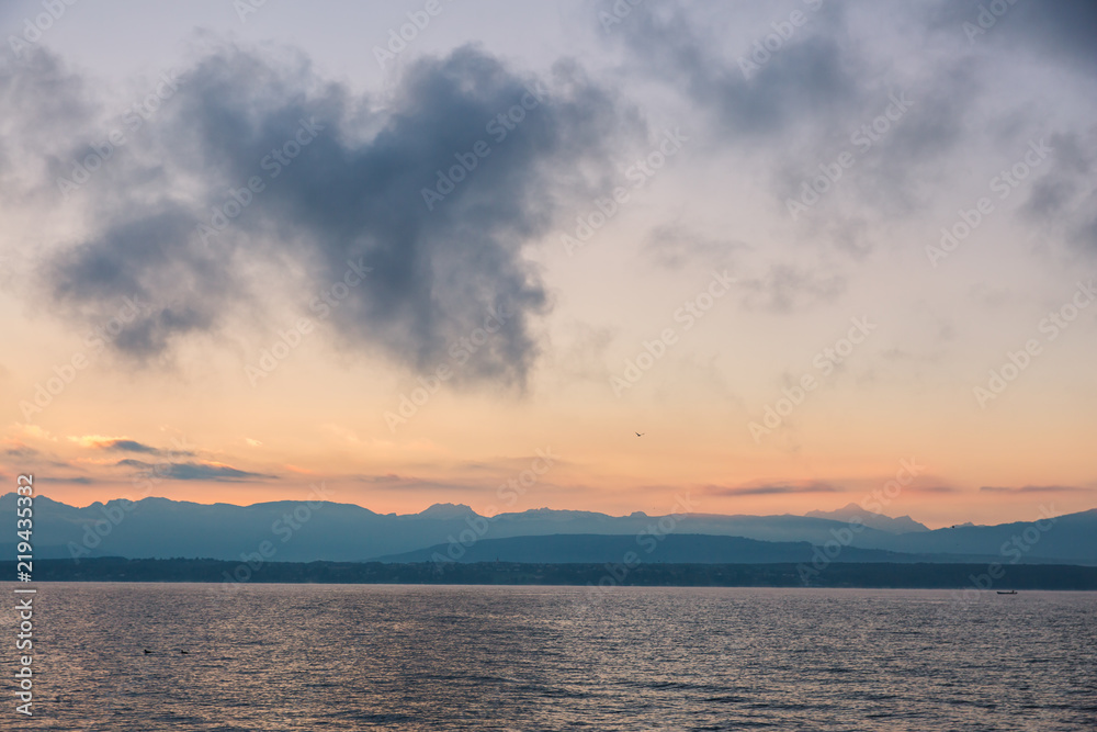Heart Shaped Clouds Formation over Leman Lake and Iconic Mont-Blanc  Mountains Range.