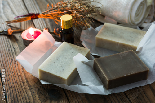Handmade natural soap on wooden background