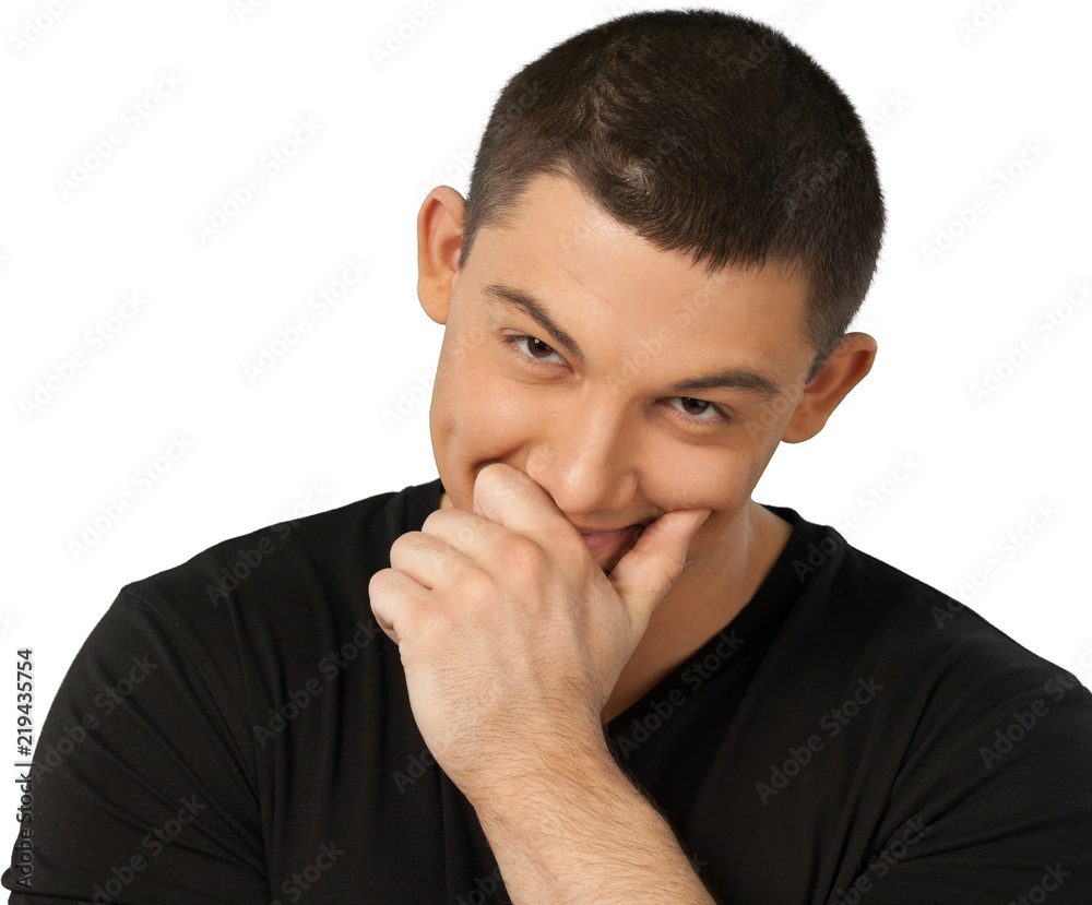 Fototapeta premium Portrait of young man in black shirt isolated on white