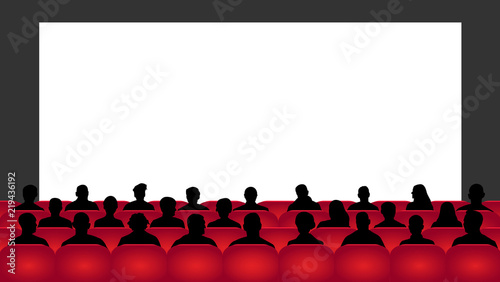 People sit cinema hall. Audience cinema, theater. Crowd of people in the auditorium, silhouette vector, spectators