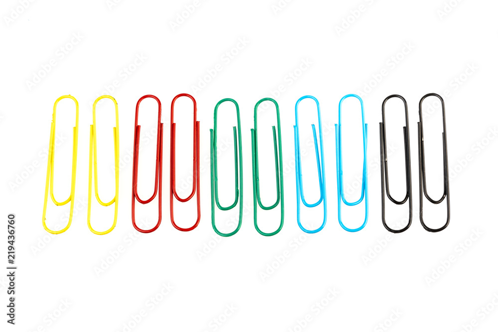 isolated colored paper clips on a white background