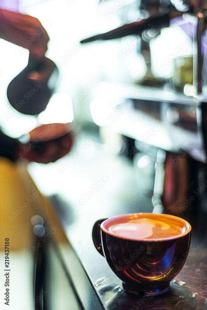 making espresso coffee close up detail with modern machine
