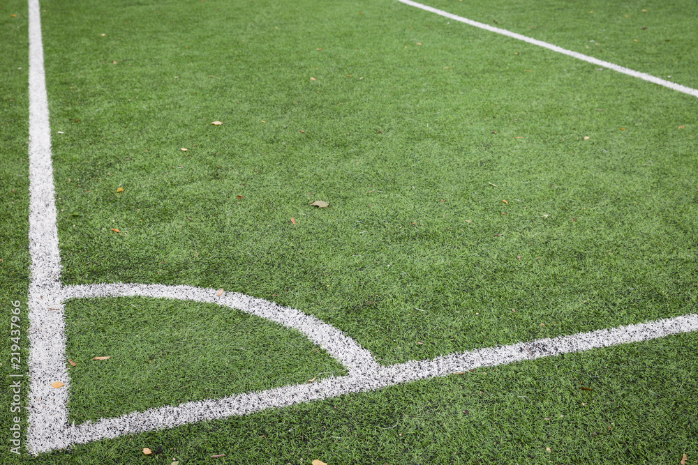 Closeup of Corner kick line of football and soccer field, background texture Closeup of Corner kick line of football and soccer field, background texture