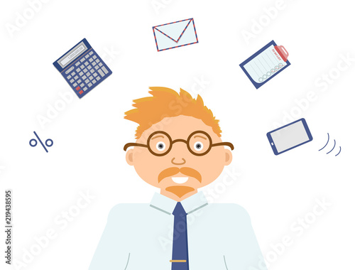 Very busy financial accountant with ginger mustache and beard and with many thoughts about job. There are a calculator, percent, an envelope, a mobile telephone and to do list. Vector illustration