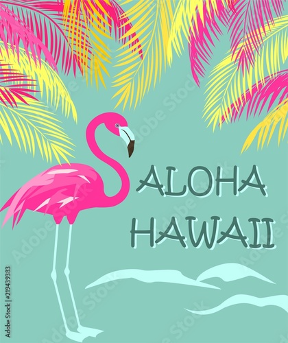 T shirt fashion print with Aloha Hawaii lettering, palm leaves and pink flamingo. Flat design