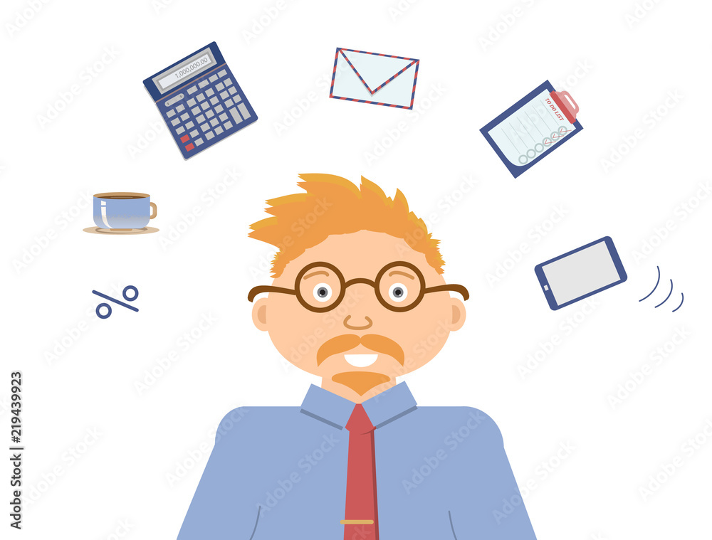 Very busy financial accountant with ginger mustache and beard and with many thoughts about job. There are a calculator, percent, an envelope, a mobile telephone and to do list. Vector illustration Very busy financial accountant with ginger mustache and beard and with many thoughts about job. There are a calculator, percent, an envelope, a mobile telephone and to do list. Vector illustration